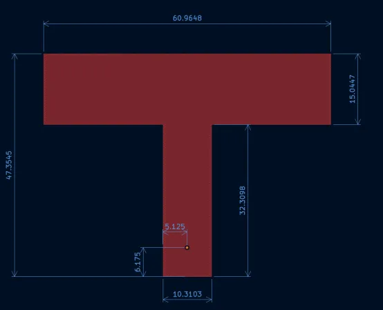 KiCad drawing of the T-shaped patch with dimensions in millimetres: 60.9648 top width, 15.0447 bar height, 47.3545 overall height, 32.3098 stem height, 10.3103 stem width, feed offsets 5.125 and 6.175.
