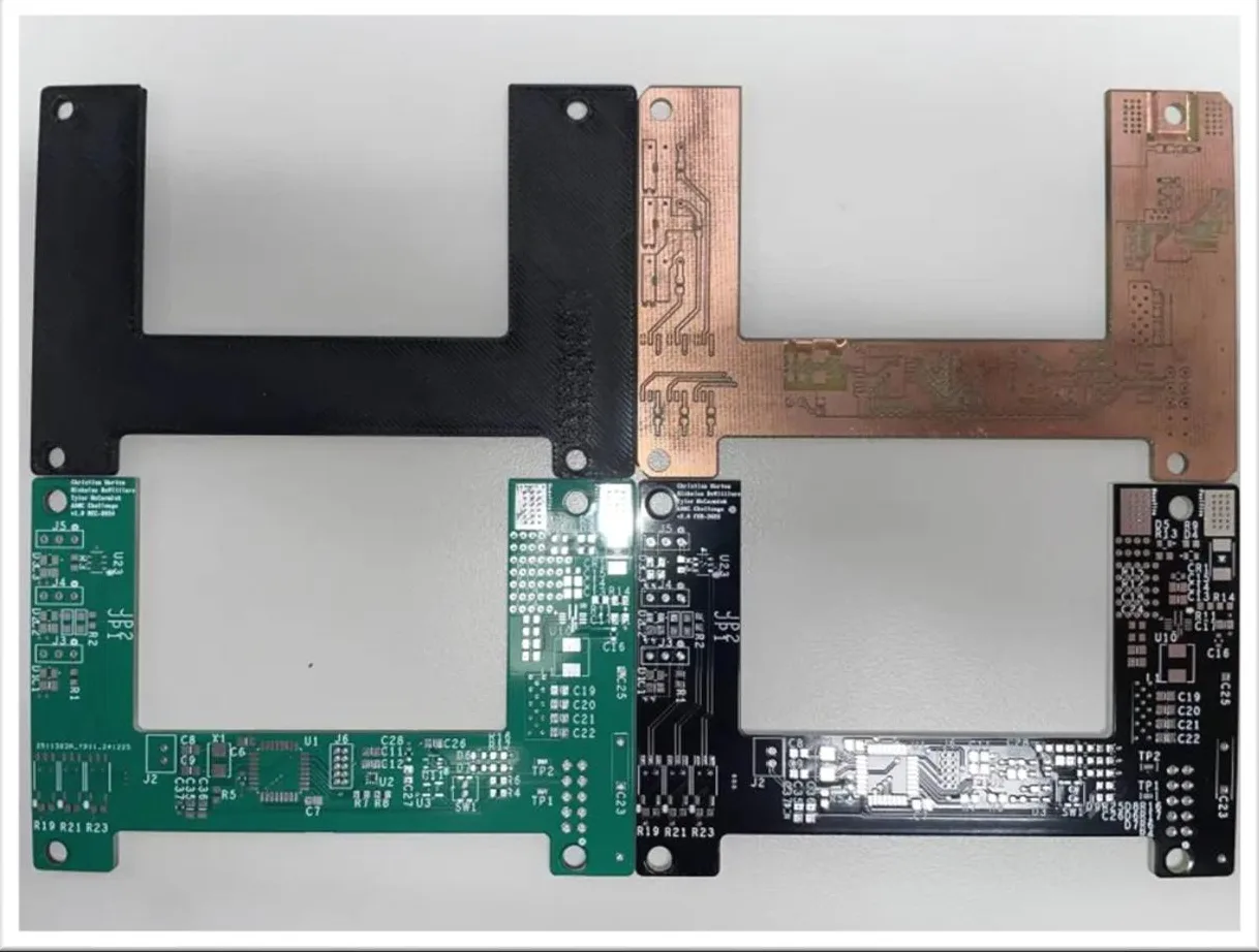 Figure 4, prototype development: four versions of the U-shaped board side by side — a black 3D-printed fit check, a bare copper board, a green PCB and a black PCB.