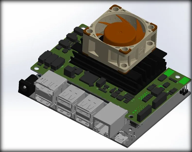 Figure 2: SolidWorks render of the board mounted on the Jetson with its heatsink and fan, used to check fit.