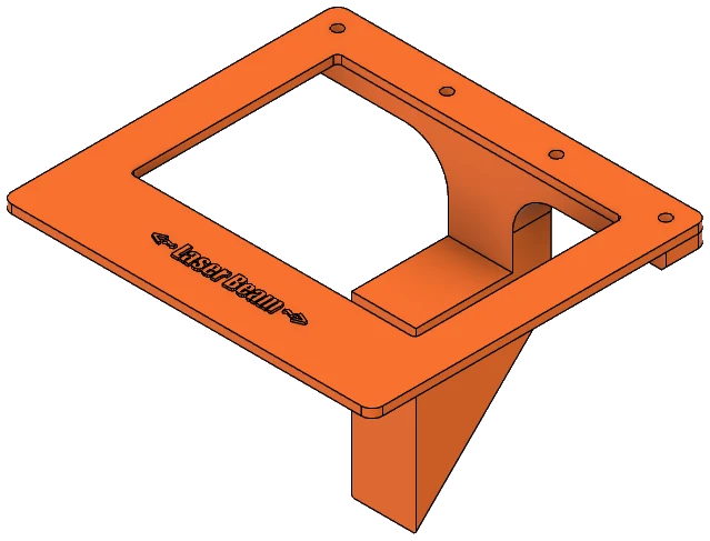Fusion 360 render of the orange display mount: a rectangular frame on an angled support, with an arrow and the words Laser Beam embossed on its face.
