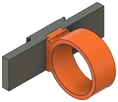 Fusion 360 render of the power supply mount: an orange ring on a dark mounting plate.