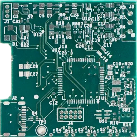 The unpopulated research PCB, top side: green soldermask, bare pads and traces, 1.5 in × 1.5 in.
