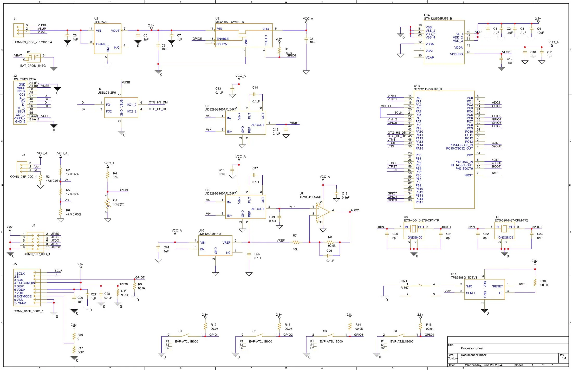Full schematic of the research PCB: STM32-U5 microcontroller, USB-C connector, signal-amplifier stage, display connector and user buttons.